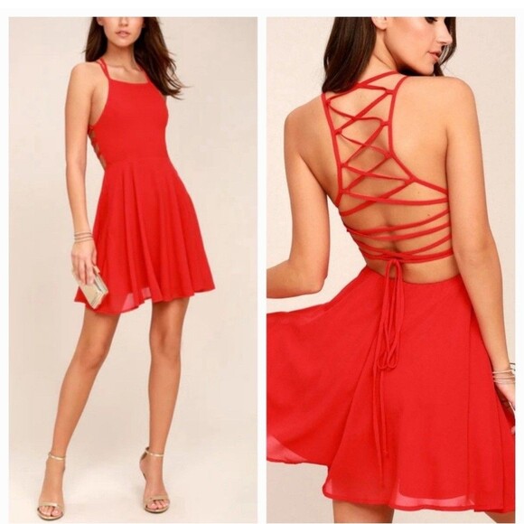 Lulus Solid Red Strappy Dress Size XS Womens Party Lace Up Cross Back Fit Flare - Picture 1 of 10